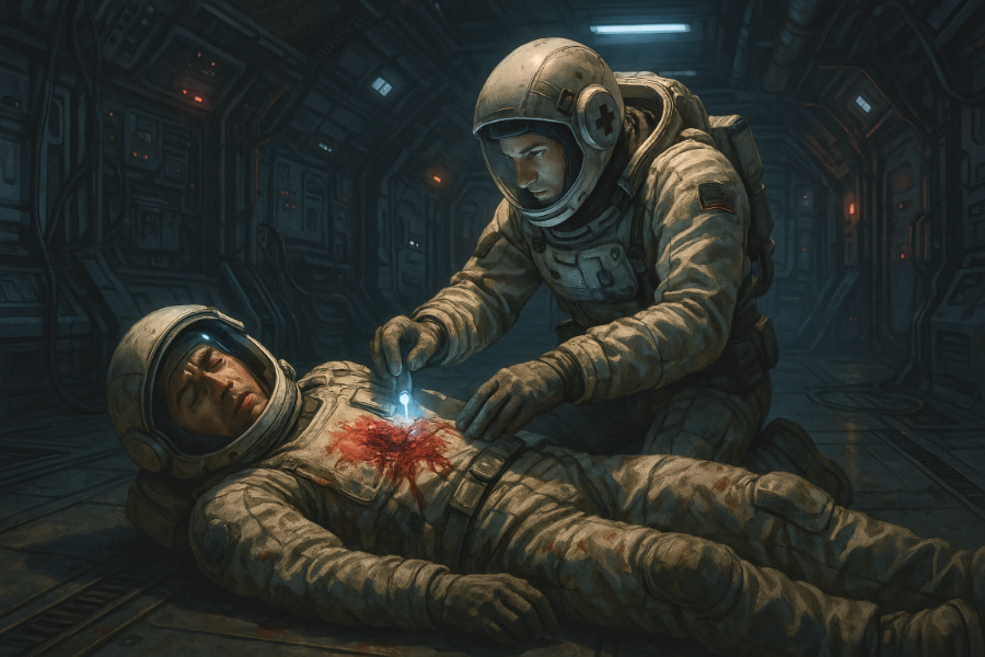 Un medico soccorre un astronauta ferito a bordo dell'Erebus